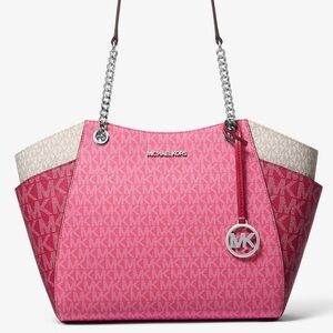 Michael Kors LG Jet Set Color-Block Signature Logo Shoulder Bag Dark Raspberry
